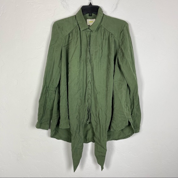 Anthropologie Blouse Button Down Shirt‎ Tie Front Green Solid Top - Picture 4 of 8